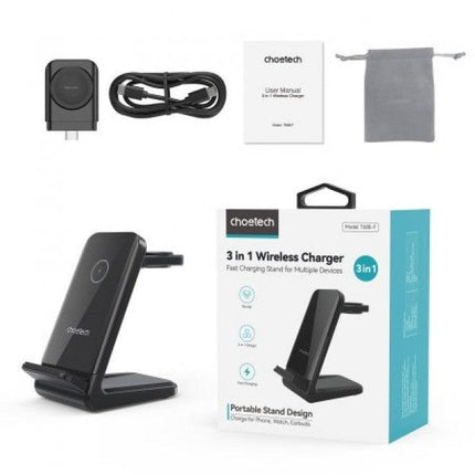 CHOETECH T608-F-BK 15W 4-in-1 Wireless Charger Stand for iWatch and Samsung Watch (Black).