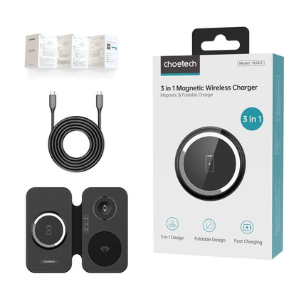 CHOETECH T616-F-BK 3in1 Magnetic Foldable Wireless Charger Black.