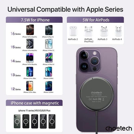 CHOETECH T697-F 15W/7.5W/5W magnetic charger for iPhone, Air Pods and more 1.5M Black.