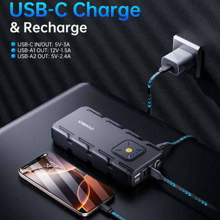 CHOETECH TC0009 16000mAh Portable Car Jump Starter with Emergency Light.