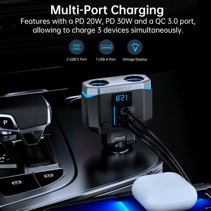 CHOETECH TC0020 45W 2 Sockets + 2x USB-C + 1x USB-A Cigarette Lighter Splitter.