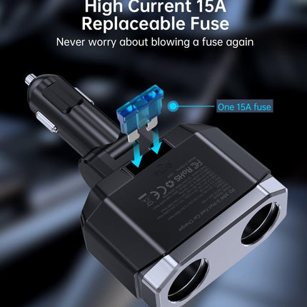 CHOETECH TC0020 45W 2 Sockets + 2x USB-C + 1x USB-A Cigarette Lighter Splitter.