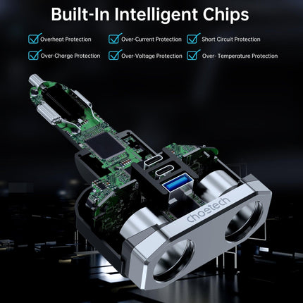 CHOETECH TC0020 45W 2 Sockets + 2x USB-C + 1x USB-A Cigarette Lighter Splitter.