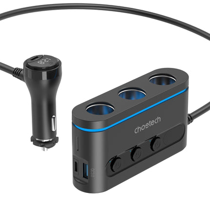CHOETECH TC0021 3 Sockets 2C+1A Cigarette Lighter Splitter Black.