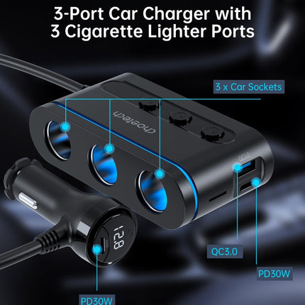 CHOETECH TC0021 3 Sockets 2C+1A Cigarette Lighter Splitter Black.