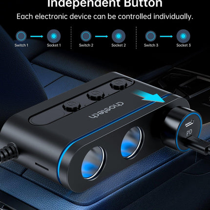 CHOETECH TC0021 3 Sockets 2C+1A Cigarette Lighter Splitter Black.