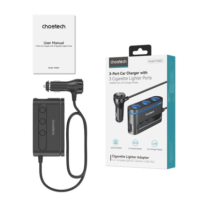 CHOETECH TC0021 3 Sockets 2C+1A Cigarette Lighter Splitter Black.