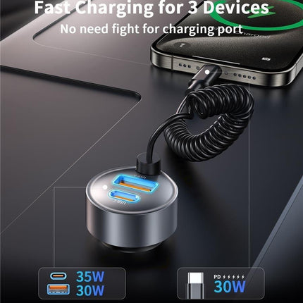 CHOETECH TC0030 65W 3-Port Fast Car Charger with 3.3ft Type-C Stretchable Cable.