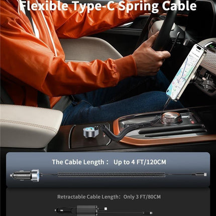 CHOETECH TC0030 65W 3-Port Fast Car Charger with 3.3ft Type-C Stretchable Cable.