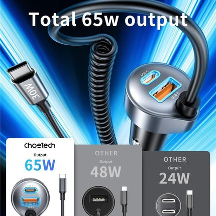 CHOETECH TC0030 65W 3-Port Fast Car Charger with 3.3ft Type-C Stretchable Cable.