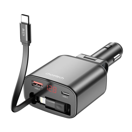 CHOETECH TC0033 105W USB-C+USB-A Fast car charger with Stretchable USB-C + Lightning cables.