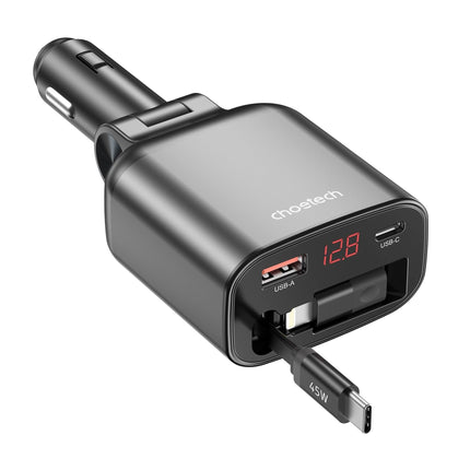 CHOETECH TC0033 105W USB-C+USB-A Fast car charger with Stretchable USB-C + Lightning cables.