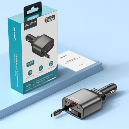 CHOETECH TC0033 105W USB-C+USB-A Fast car charger with Stretchable USB-C + Lightning cables.
