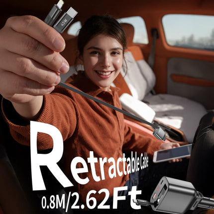 CHOETECH TC0033 105W USB-C+USB-A Fast car charger with Stretchable USB-C + Lightning cables.