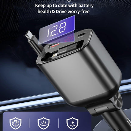 CHOETECH TC0033 105W USB-C+USB-A Fast car charger with Stretchable USB-C + Lightning cables.