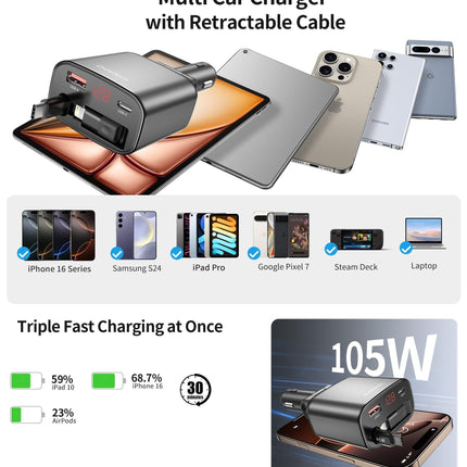 CHOETECH TC0033 105W USB-C+USB-A Fast car charger with Stretchable USB-C + Lightning cables.