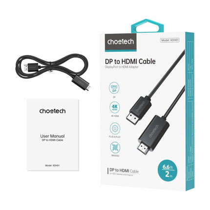 CHOETECH XDH01 4K 60Hz DisplayPort Male to HDMI Male Braided Cable 2M.