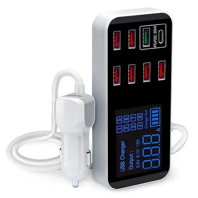 8-Port PD+QC3.0 Car Charger with LED Display.