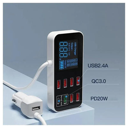 8-Port PD+QC3.0 Car Charger with LED Display.