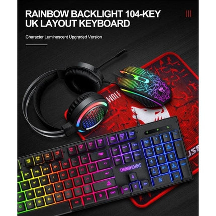 T-Wolf TF400 4-pcs Rainbow Keyboard/Mouse/Headphone/Mouse Pad Kit Set.
