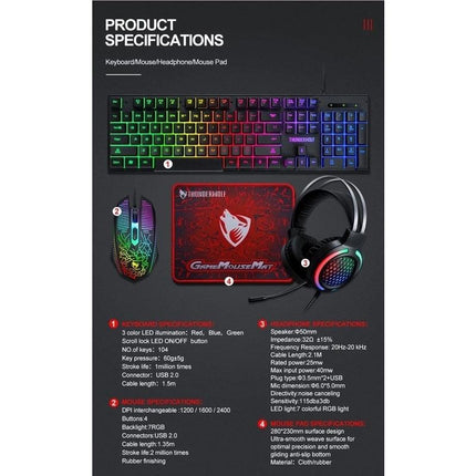 T-Wolf TF400 4-pcs Rainbow Keyboard/Mouse/Headphone/Mouse Pad Kit Set.