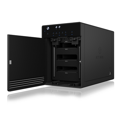 ICY BOX SINGLE enclosure for 4x HDD/SSD with USB 3.1 (Gen 2) Type-C interface and fan.
