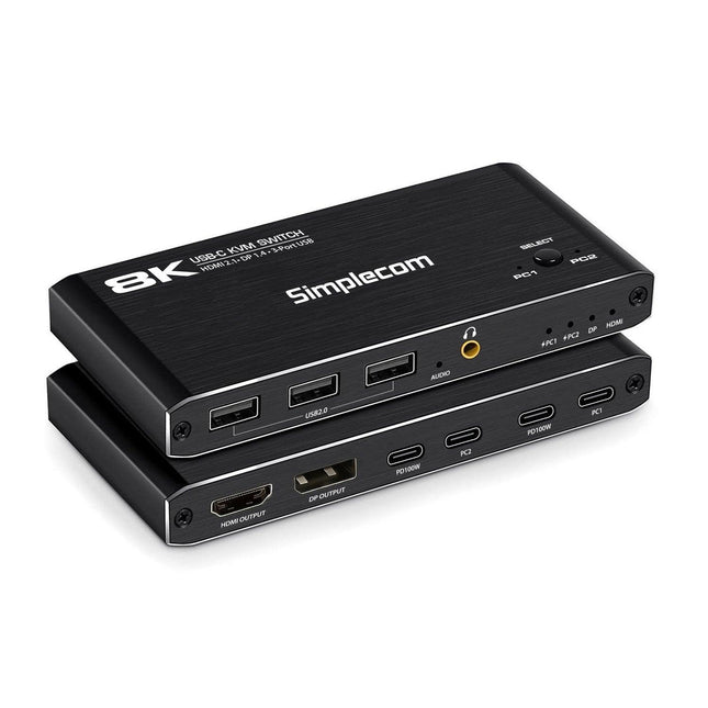 Simplecom KM470 2-Port USB-C KVM Switch 8K Docking Station HDMI 2.1 DP for Laptop Tablet.
