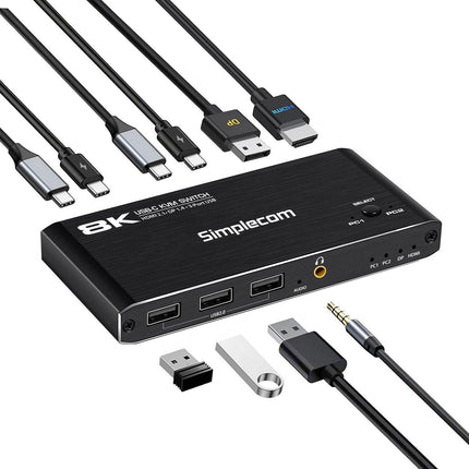 Simplecom KM470 2-Port USB-C KVM Switch 8K Docking Station HDMI 2.1 DP for Laptop Tablet.