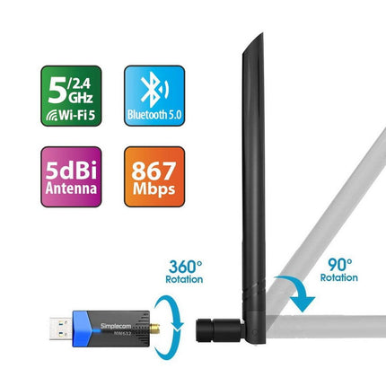 Simplecom NW632 Wi-Fi 5 Bluetooth 5.0 USB Adapter Dual Band AC1200.