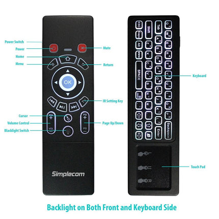 Simplecom RT250 Rechargeable 2.4GHz Wireless Remote Air Mouse Keyboard with Touch Pad and Backlight.