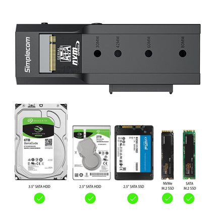 Simplecom SA536 USB to M.2 and SATA 2-IN-1 Adapter for 2.5"/3.5" HDD & NVMe/SATA M.2 SSD with Power Supply USB 3.2 Gen2 10Gbps.