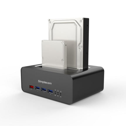 Simplecom SD352 USB 3.0 to Dual SATA Aluminium Docking Station with 3-Port Hub and 1 Port 2.1A USB Charger.