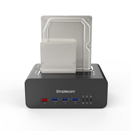 Simplecom SD352 USB 3.0 to Dual SATA Aluminium Docking Station with 3-Port Hub and 1 Port 2.1A USB Charger.