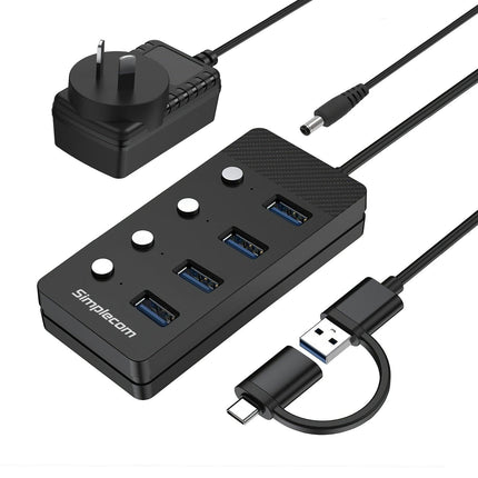 Simplecom CH345C SuperSpeed USB-A and USB-C to 4-Port USB 3.0 Hub 5Gbps Individual Switches and Power Adapter.