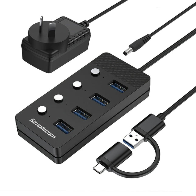 Simplecom CH345C SuperSpeed USB-A and USB-C to 4-Port USB 3.0 Hub 5Gbps Individual Switches and Power Adapter.