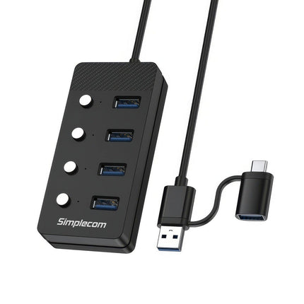 Simplecom CH345C SuperSpeed USB-A and USB-C to 4-Port USB 3.0 Hub 5Gbps Individual Switches and Power Adapter.