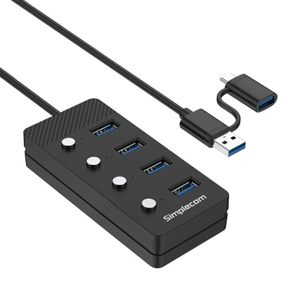 Simplecom CH345C SuperSpeed USB-A and USB-C to 4-Port USB 3.0 Hub 5Gbps Individual Switches and Power Adapter.