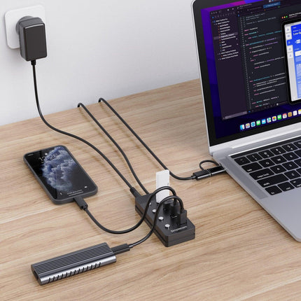 Simplecom CH345C SuperSpeed USB-A and USB-C to 4-Port USB 3.0 Hub 5Gbps Individual Switches and Power Adapter.
