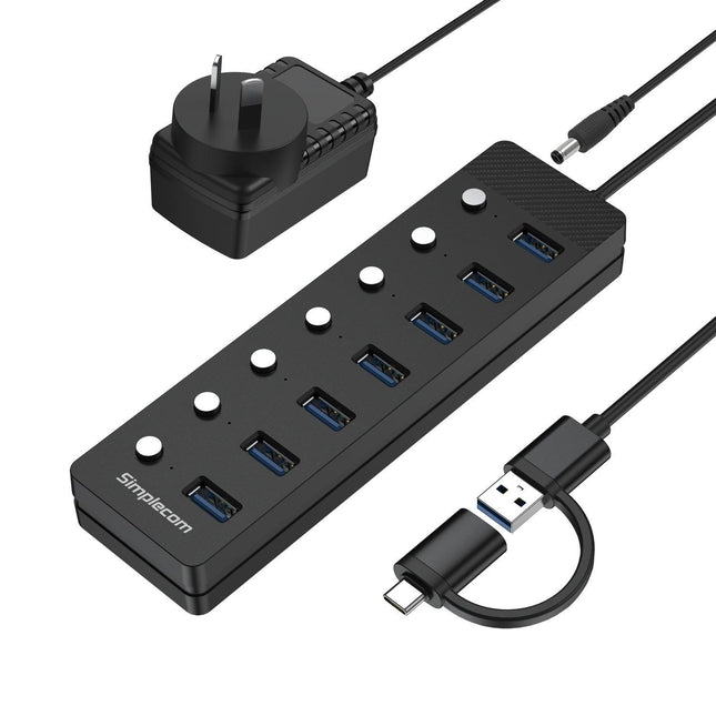 Simplecom CH375C USB-A and USB-C to 7-Port USB 3.0 Hub 5Gbps Individual Switches and Power Adapter.