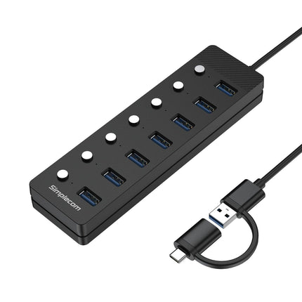 Simplecom CH375C USB-A and USB-C to 7-Port USB 3.0 Hub 5Gbps Individual Switches and Power Adapter.