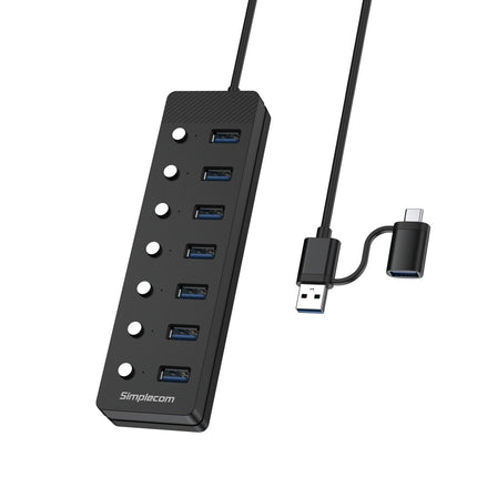 Simplecom CH375C USB-A and USB-C to 7-Port USB 3.0 Hub 5Gbps Individual Switches and Power Adapter.
