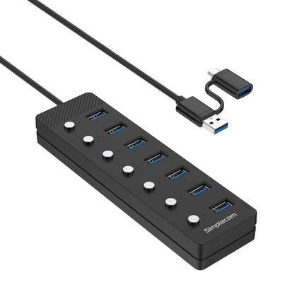 Simplecom CH375C USB-A and USB-C to 7-Port USB 3.0 Hub 5Gbps Individual Switches and Power Adapter.