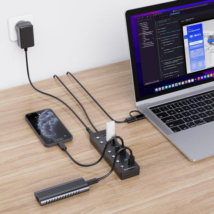 Simplecom CH375C USB-A and USB-C to 7-Port USB 3.0 Hub 5Gbps Individual Switches and Power Adapter.