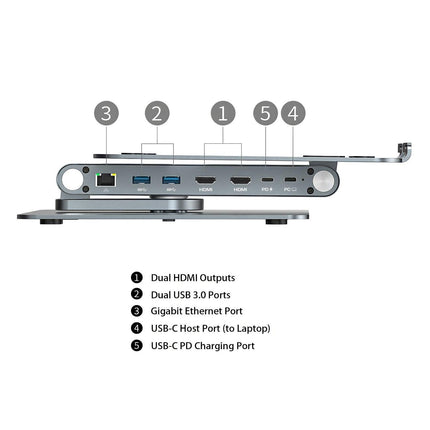 Simplecom CHT660 Adjustable Aluminium Laptop Stand with 6-Port USB-C Docking Station Dual 4K HDMI Display.