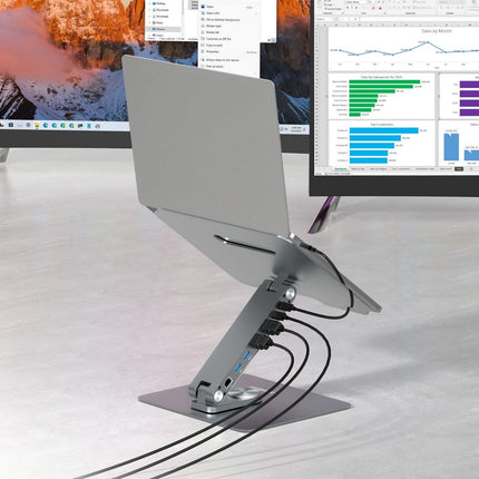 Simplecom CHT660 Adjustable Aluminium Laptop Stand with 6-Port USB-C Docking Station Dual 4K HDMI Display.