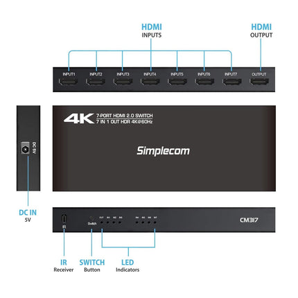 Simplecom CM317 7-Port HDMI 2.0 Switch with Remote 7 IN 1 OUT Splitter HDCP 2.2 4K@60Hz.