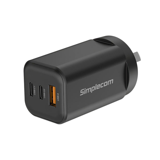 Simplecom CU365 3-Port PD 65W GaN Wall Charger Dual USB-C + USB-A for Phone Laptop.