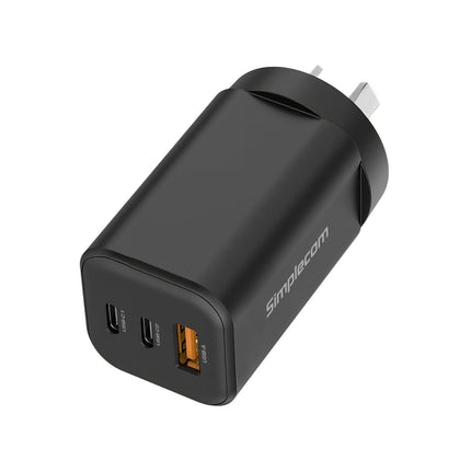 Simplecom CU365 3-Port PD 65W GaN Wall Charger Dual USB-C + USB-A for Phone Laptop.
