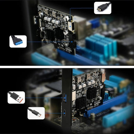 Simplecom EC315 PCIe x4 to 4-Port USB 3.2 Gen II 10Gbps Type-C and Type-A with Front Panel USB 3.0 and USB-C Key-A Expansion Card.