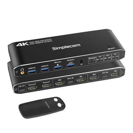 Simplecom KM430 Dual HDMI Monitor KVM Switch for 2 Computers with 4-Port USB Hub 4K@60Hz Keyboard Hotkey.